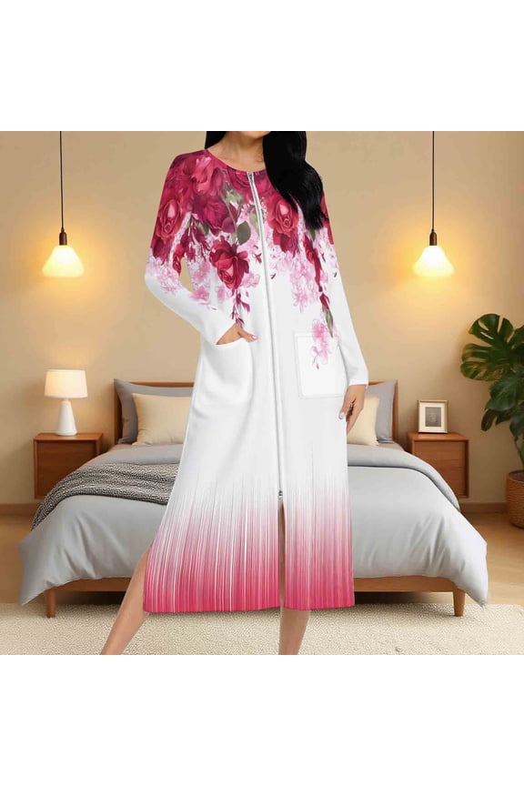 Women Zipper Robe Long Sleeves Zip Up Bathrobe Print Full Length Robes Long Housecoat Nightgown with Pockets
