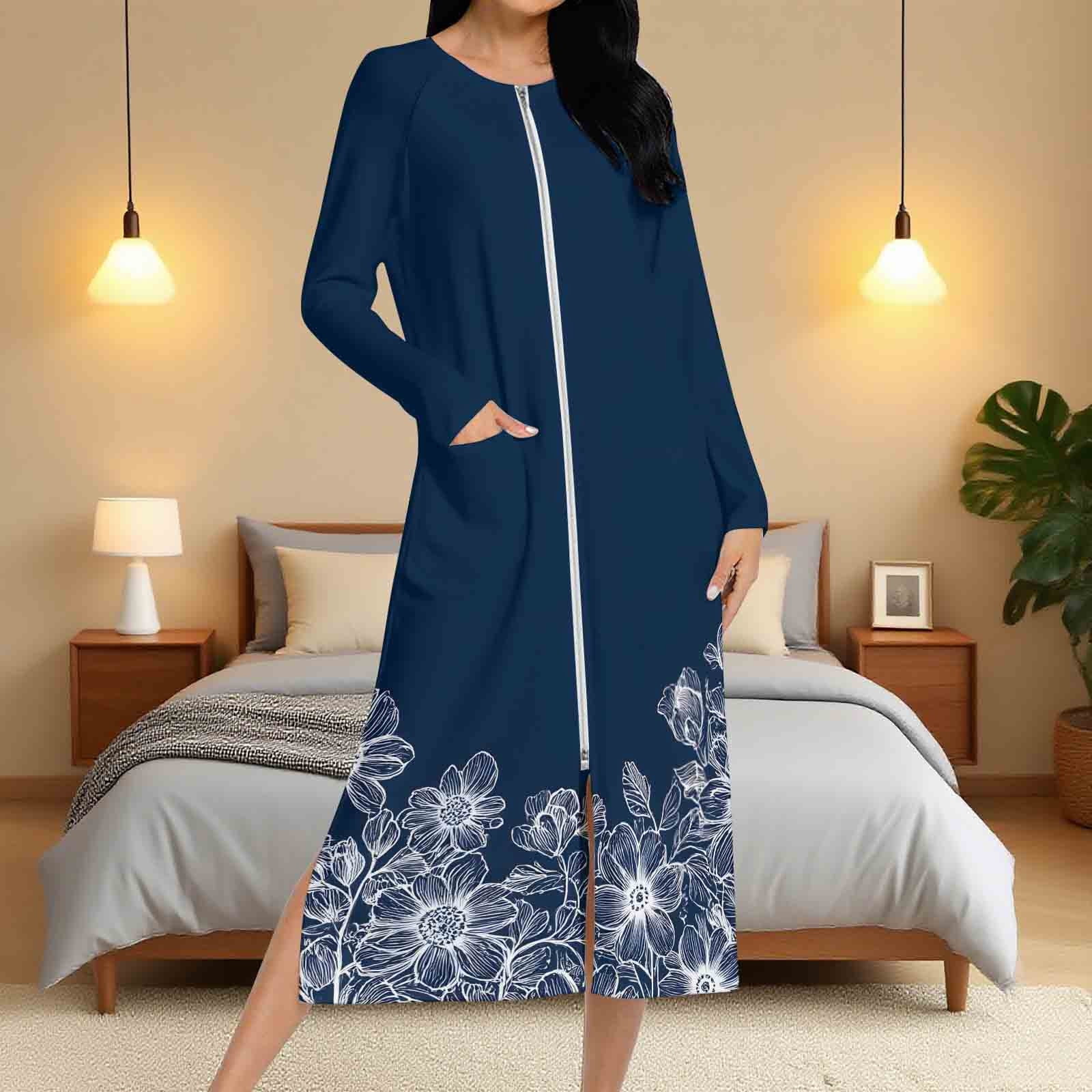 Zipper Robe FNFYFH Women Zipper Robe Long Sleeves Zip Up Bathrobe Print Full Length ...