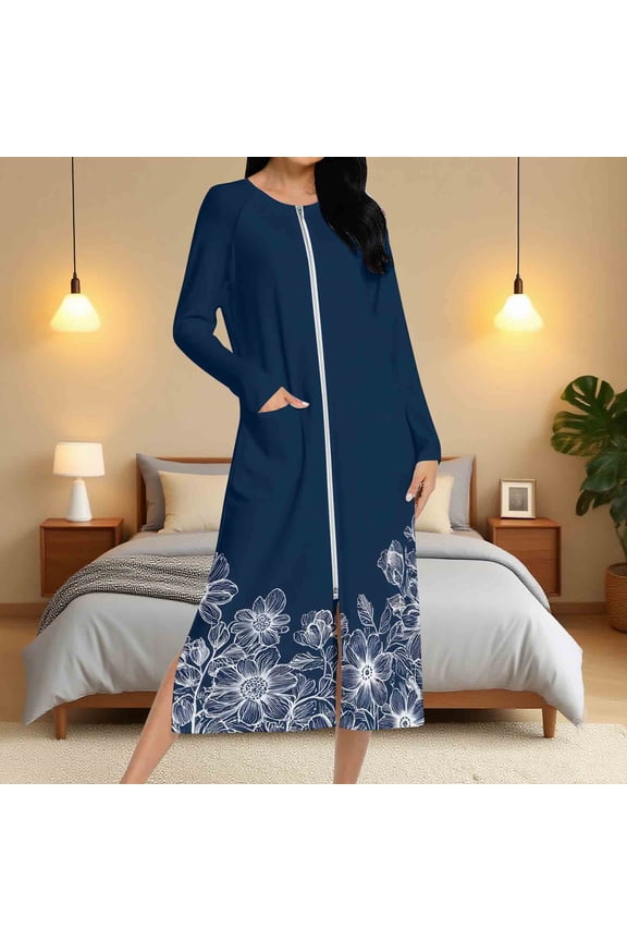 Women Zipper Robe Long Sleeves Zip Up Bathrobe Print Full Length Robes Long Housecoat Nightgown with Pockets