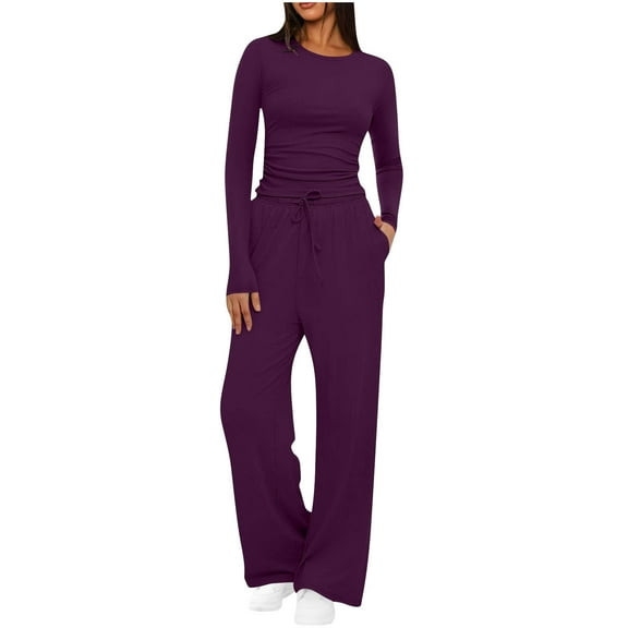 FNFYFH Women's 2 Piece Lounge Set Outfits Slim Long Sleeve Tops Wide Leg Sweatpants Sets Yoga Sweatsuit with Pockets