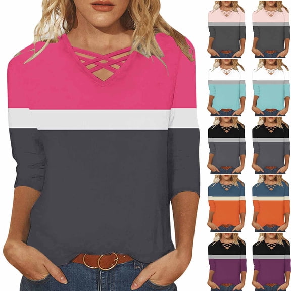 FNFYFH Women's 3/4 Sleeve Tops Plus Size Color Block Tunic Top Casual Striped V Neck Shirt Loose Blouses