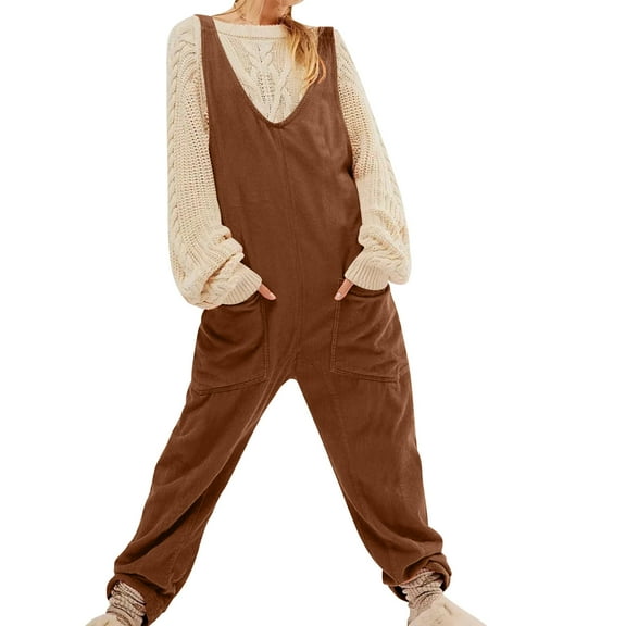 FNFYFH Women's Bib Jumpsuit Rompers Baggy Corduroy Pants Sleeveless V Neck Loose Overalls with Pocket