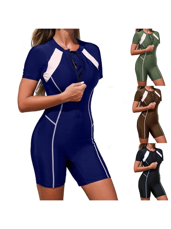 Women's Boyleg One Piece Rash Guard with Built in Bra Zip Front Short Sleeve Full Body Surfing Swimsuit