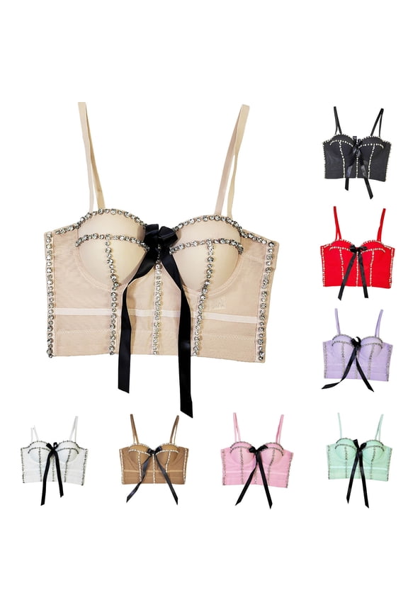 Women's Corset Top Handmade Rhinestone Diamond Push Up Bustier Crop Tops with Bow Birthday Party Concert Outfits