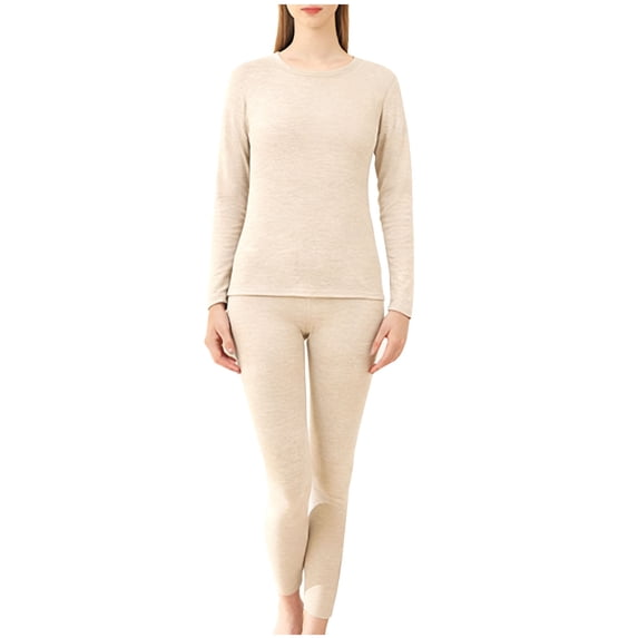 FNFYFH Women's Crewneck Base Layer Cotton Thermal Underwear Set Top and Bottom Soft Pajama Set