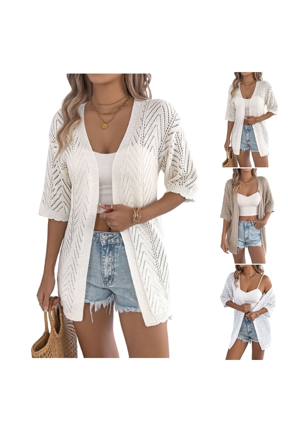 Women's Crochet Knit Cardigan Sweaters Short Sleeve Open Front Kimonos Boho Cardigans Tops Lightweight Shrug