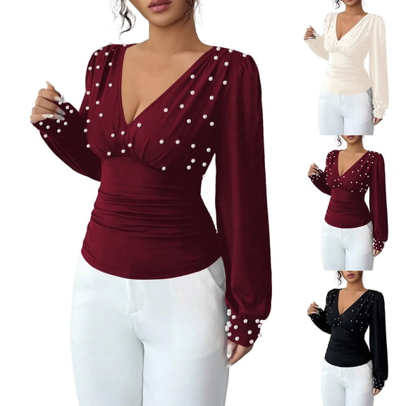 FNFYFH Women's Deep V Neck Peals Blouse Elegant Long Sleeve Fitted Going Out Tops Dressy Casual Work Blouses