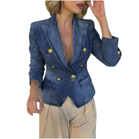 FNFYFH Women's Denim Blazer Notched Lapel Double Breasted Jean Jacket Trendy Slim Fit Long Sleeve Denim Jackets