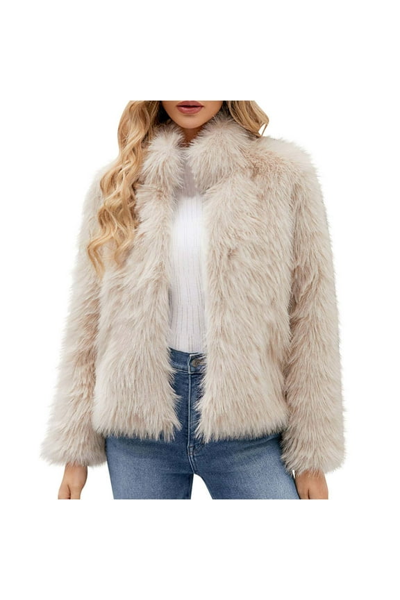 Women's Faux Fur Cropped Coats V Neck Plush Jacket Open Front Crop Cardigan Outerwear Solid Color Shaggy Coat