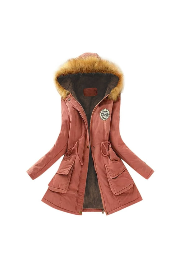 Women's Fleece Lined Puffer Jacket Warm Winter Mid-Length Coat with Faux Fur Hood Long Sleeve Fleece Hooded Jacket with Pockets