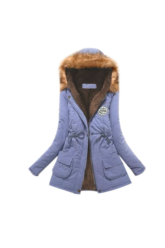 Women's Fleece Lined Puffer Jacket Warm Winter Mid-Length Coat with Faux Fur Hood Long Sleeve Fleece Hooded Jacket with Pockets