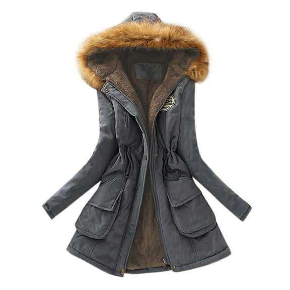 FNFYFH Women's Fleece Lined Puffer Jacket Warm Winter Mid-Length Coat with Faux Fur Hood Long Sleeve Fleece Hooded Jacket with Pockets