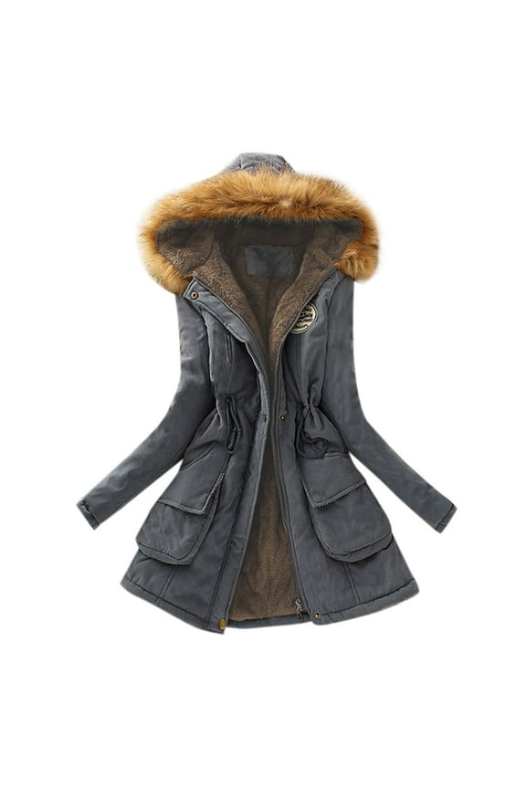 Women's Fleece Lined Puffer Jacket Warm Winter Mid-Length Coat with Faux Fur Hood Long Sleeve Fleece Hooded Jacket with Pockets