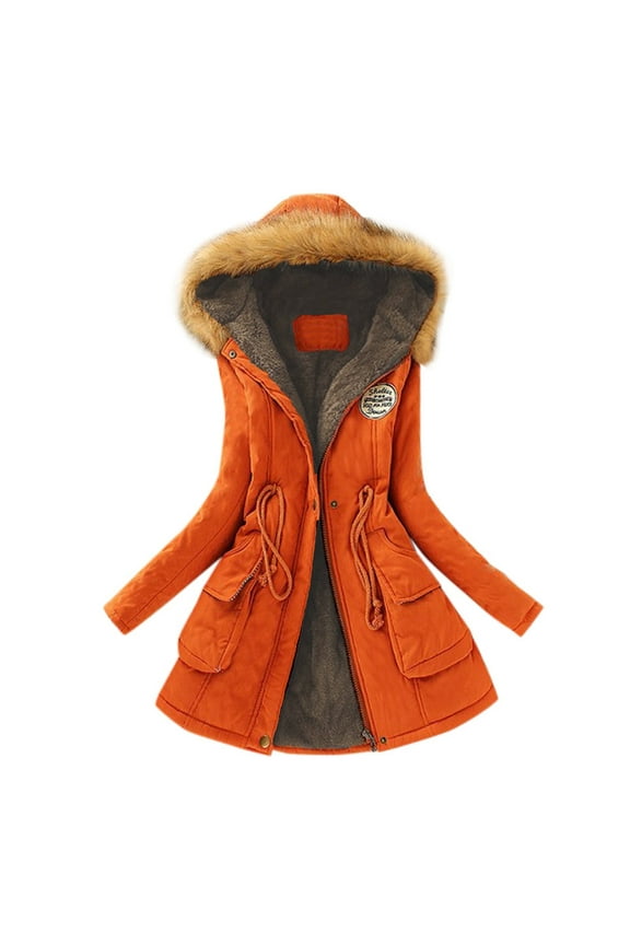 Women's Fleece Lined Puffer Jacket Warm Winter Mid-Length Coat with Faux Fur Hood Long Sleeve Fleece Hooded Jacket with Pockets