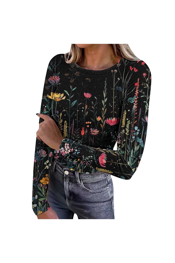Women's Floral Print Ribbed Blouse Tops Slim Fitted Knit Crewneck Shirt Long Sleeve Casual 2025 Fall Top