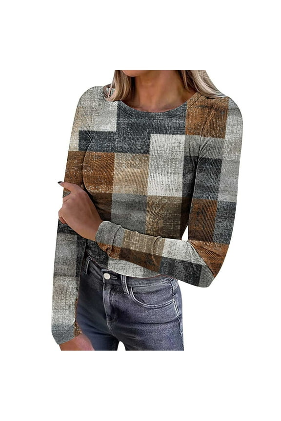 Women's Floral Print Ribbed Blouse Tops Slim Fitted Knit Crewneck Shirt Long Sleeve Casual 2025 Fall Top