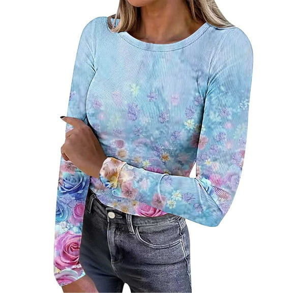 FNFYFH Women's Floral Print Ribbed Blouse Tops Slim Fitted Knit Crewneck Shirt Long Sleeve Casual 2025 Fall Top