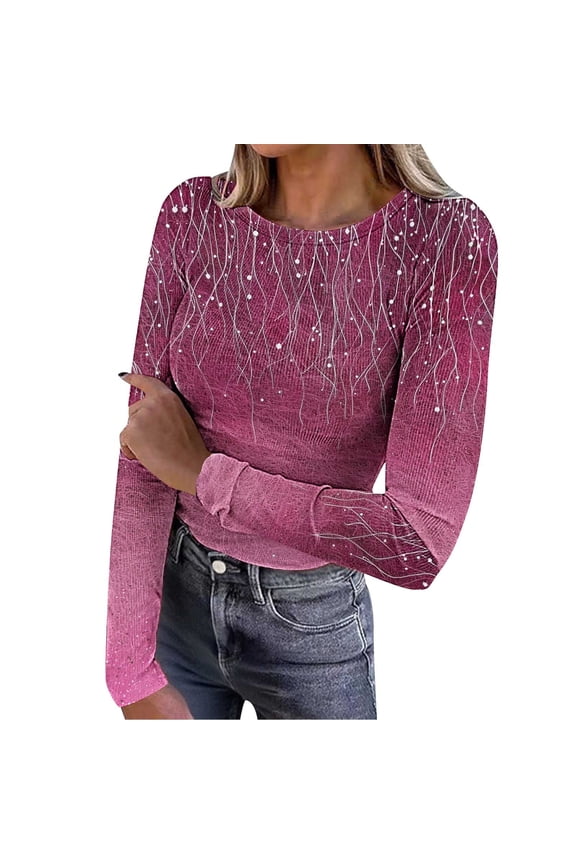 Women's Floral Print Ribbed Blouse Tops Slim Fitted Knit Crewneck Shirt Long Sleeve Casual 2025 Fall Top