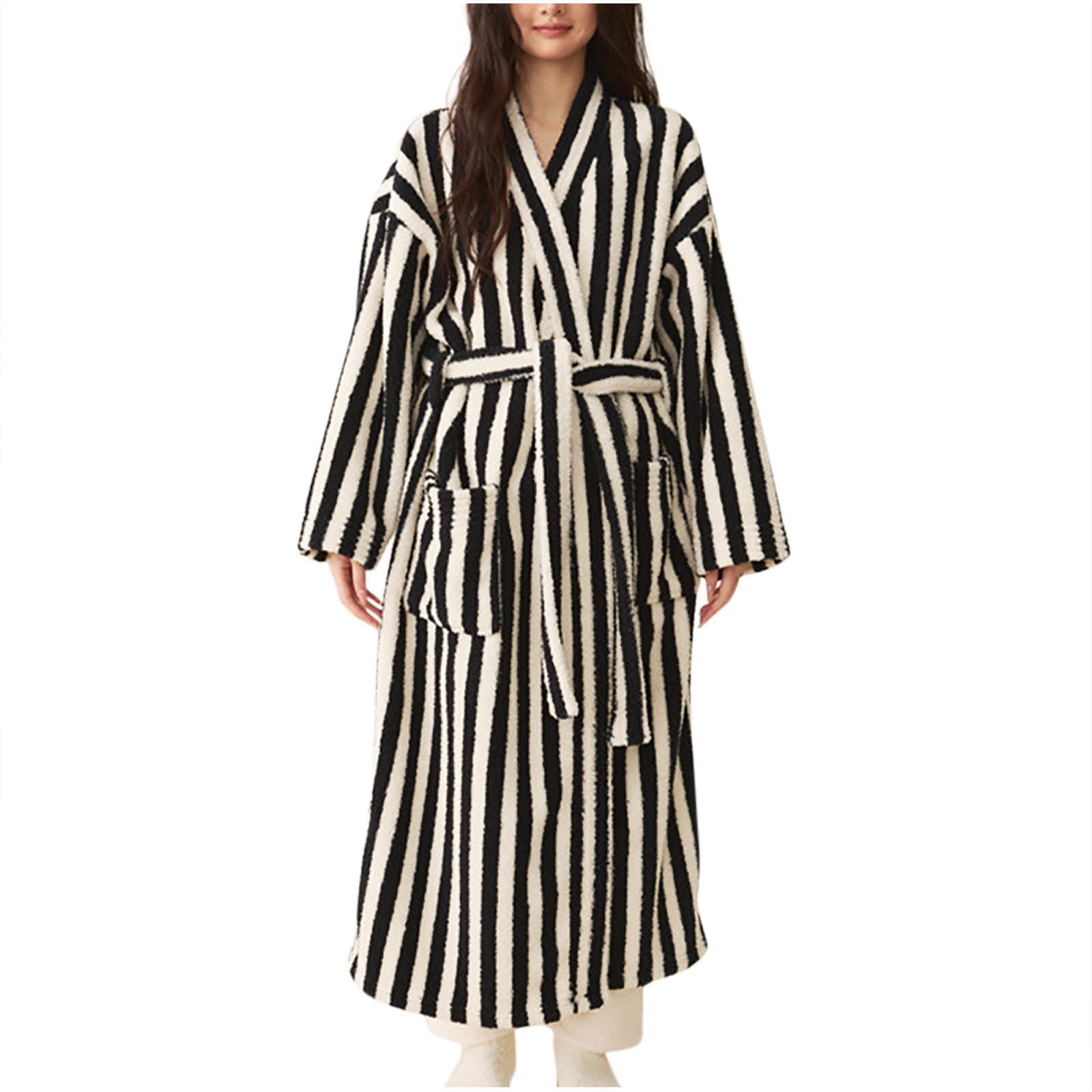 FNFYFH Women's Fuzzy Fleece Long Robe Striped Plush Kimono Robes Warm ...