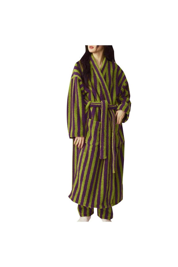 Women's Fuzzy Fleece Long Robe Striped Plush Kimono Robes Warm Thick Fluffy Oversized Towel Bath Robe Maxi Bathrobe