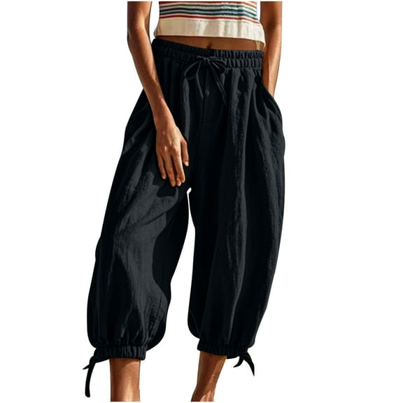 FNFYFH Women's Harem Capris Pants Drawstring Yoga Slacks Lounge Pants Summer Beach Travel Vacation Palazzo Pants with Pockts