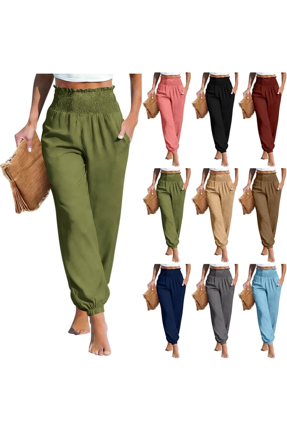 Women's Harem Pants High Smocked Waist Yoga Boho Trousers Baggy Summer Pants with Pockets