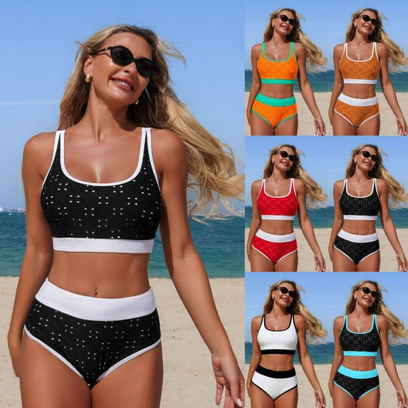 FNFYFH Women's High Waisted Bikini Sets Sporty Two Piece Swimsuits Color Block Full Coverage Push Up Bathing Suits