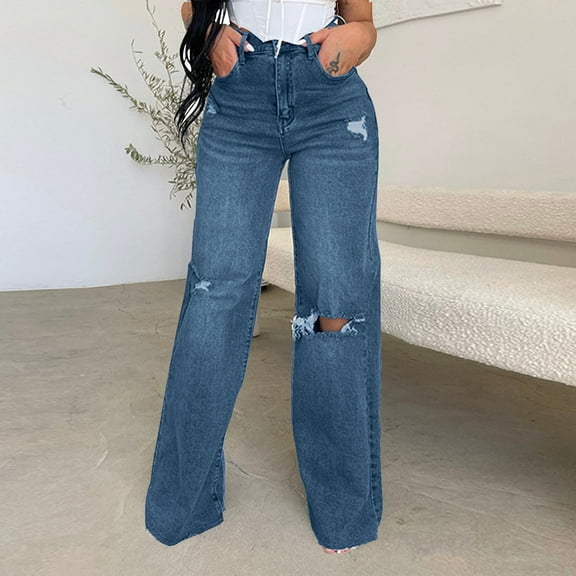 FNFYFH Women's Jean Pants Wide Leg Casual Ttousers Elastic Waist Baggy Ripped Denim Trendy Distressed Pant with Pockets Dark Blue,L