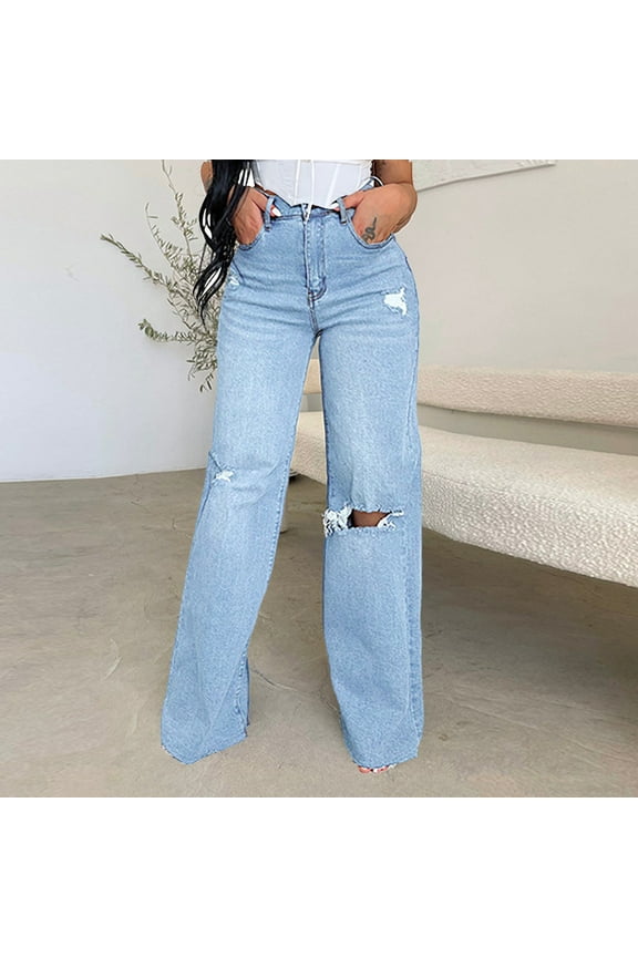 Women's Jean Pants Wide Leg Casual Ttousers Elastic Waist Baggy Ripped Denim Trendy Distressed Pant with Pockets Light Blue,S
