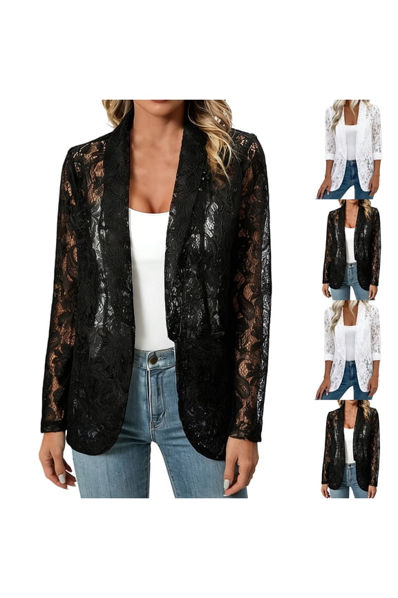 FNFYFH Women's Lace Blazer Open Front Sheer Mesh Blazers Elegant Long Sleeve Blazer Jacket