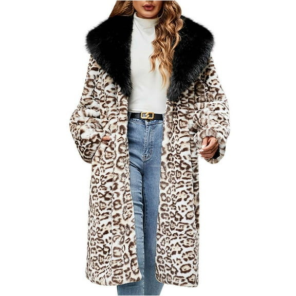 FNFYFH Women's Lapel Faux Fur Coat Long Leopard Print Fleece Jackets Long Sleeve Winter Warm Shaggy Jacket