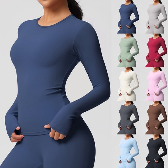 FNFYFH Women’s Long Sleeve Shirt Crew Neck Slim Fitted Gym Workout Shirts Quick Dry Athletic Base Layer