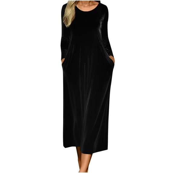 FNFYFH Women's Long Sleeve Velvet Maxi Dresses Elegant Scoop Neck Wedding Guest Cocktail Dress Loose Soft Maternity Dress with Pockets