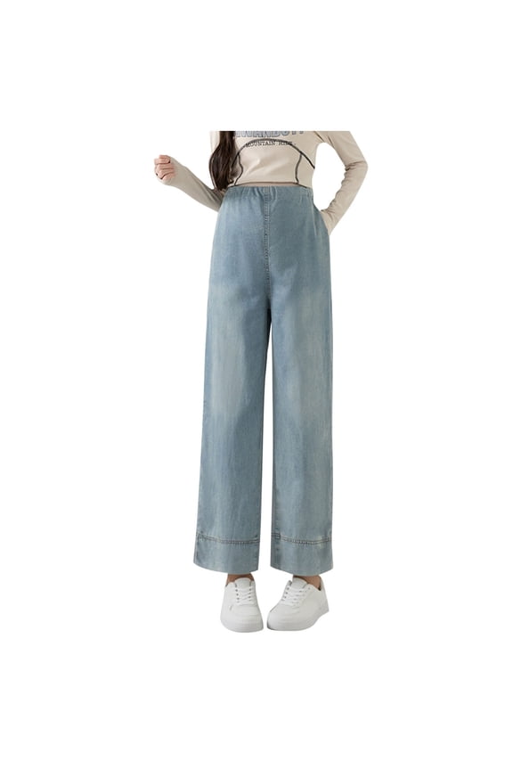 Women's Maternity Denim Pants Elastic Waist Drawstring Wide Leg Baggy Pregnancy Jeans with Pockets