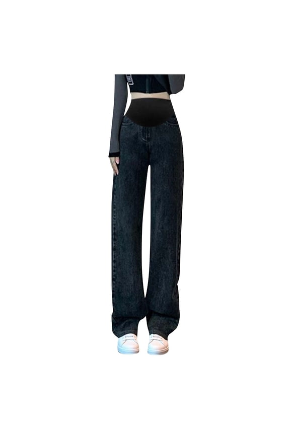 Women's Maternity Jeans Wide Leg Over The Belly Straight Pregnancy Denim Pants with Pockets