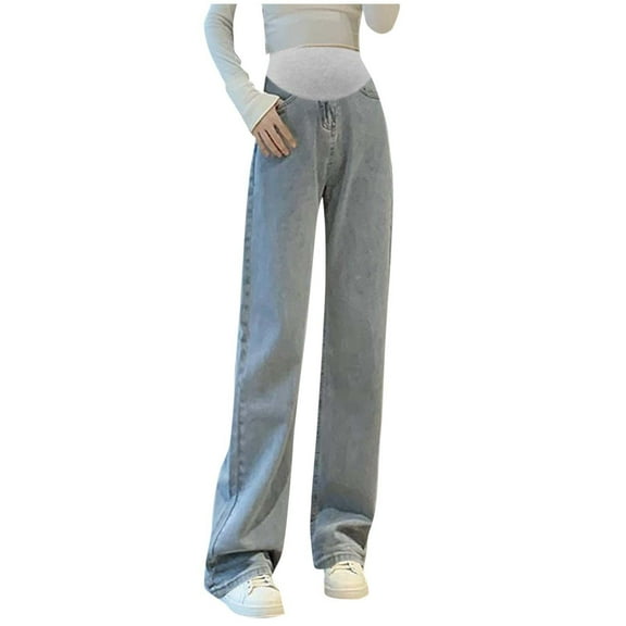 FNFYFH Women's Maternity Jeans Wide Leg Over The Belly Straight Pregnancy Denim Pants with Pockets