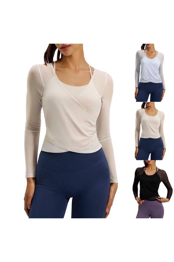 Women's Mesh Wrap Tops Built in Bra Pilates Ballet Yoga Top Long Sleeve Workout Yoga Shirt with Thumb Hole