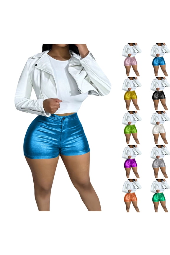 Women's Metallic Shiny Shorts Stretch Disco Skinny Metallic Shorts High Waist Shiny Rave Short Hot Pants