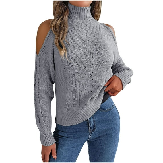FNFYFH Women's Off Shoulder Sweater Solid Color Turtleneck Sweaters Long Sleeve Cutout Chunky Knitted Jumper Tops