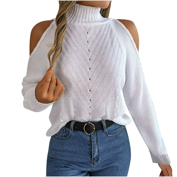 FNFYFH Women's Off Shoulder Sweater Solid Color Turtleneck Sweaters Long Sleeve Cutout Chunky Knitted Jumper Tops