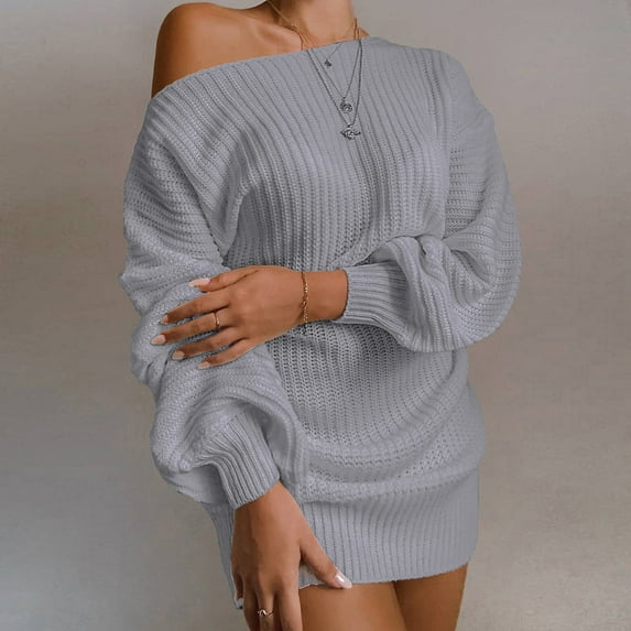 FNFYFH Women's Off the Shoulder Sweater Dress Trendy Balloon Sleeve Knit Pullover 2025 Fall Winter Mini Dresses