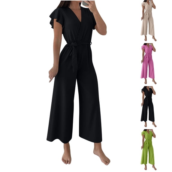 FNFYFH Women's One Piece Jumpsuits Dressy Casual Summer Short Flutter Sleeve Wrap V Neck Wide Leg Pants Romper Spring Clothes