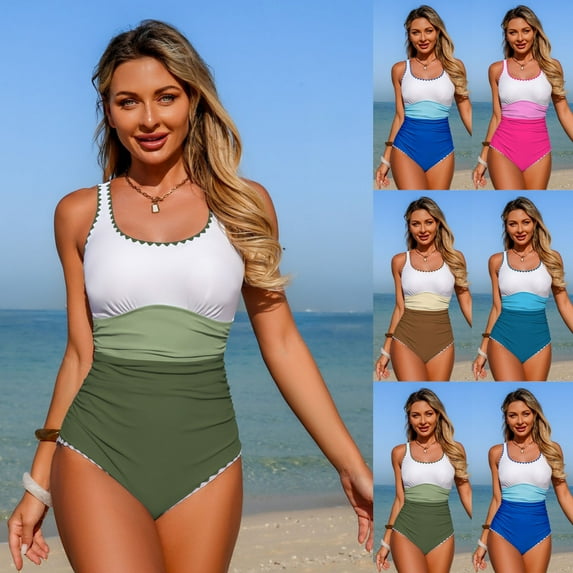 FNFYFH Women's One Piece Swimsuit Adjustable Strap Bathing Suit Color Block Ribbed High Cut Swimsuits
