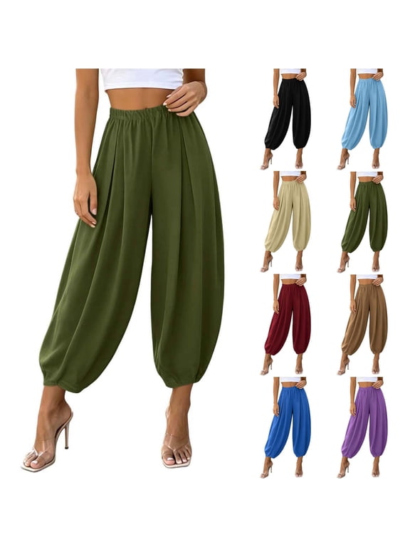 Women's Palazzo Balloon Pants Wide Leg Pleated Barrel Harem Pants Baggy Casual Lantern Joggers Bloomers
