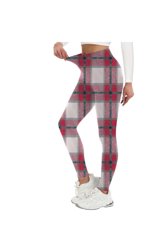 Women's Plaid Leggings High Waisted No See Through Skinny Pants Tummy Control Cycling Workout Yoga Pants