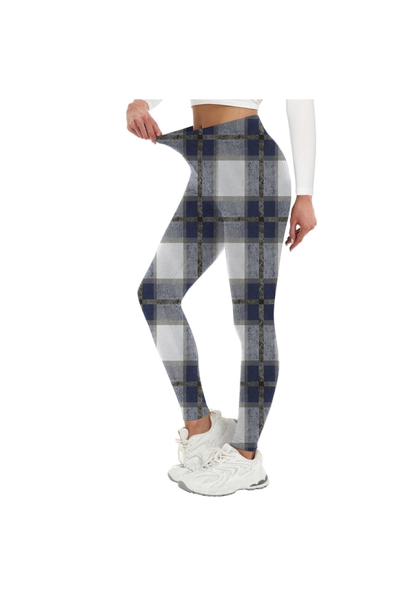 Women's Plaid Leggings High Waisted No See Through Skinny Pants Tummy Control Cycling Workout Yoga Pants