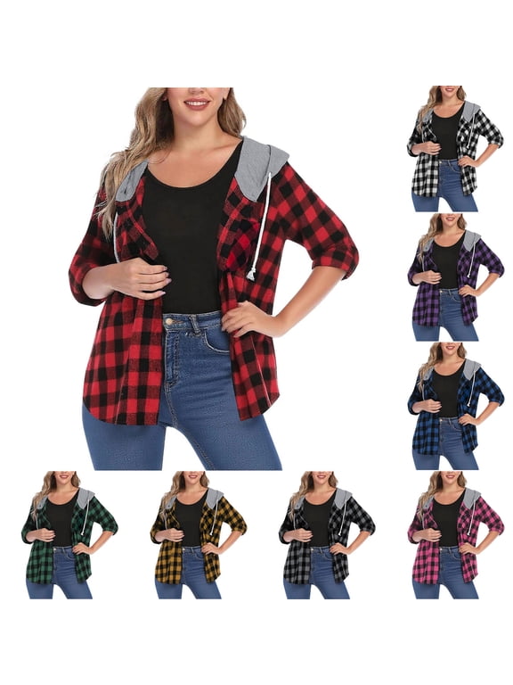Women's Plaid Shirts Long Sleeve Lightweight Hoodie Jacket Casual Fall Button Down Shirt Flannel Shacket Blouses