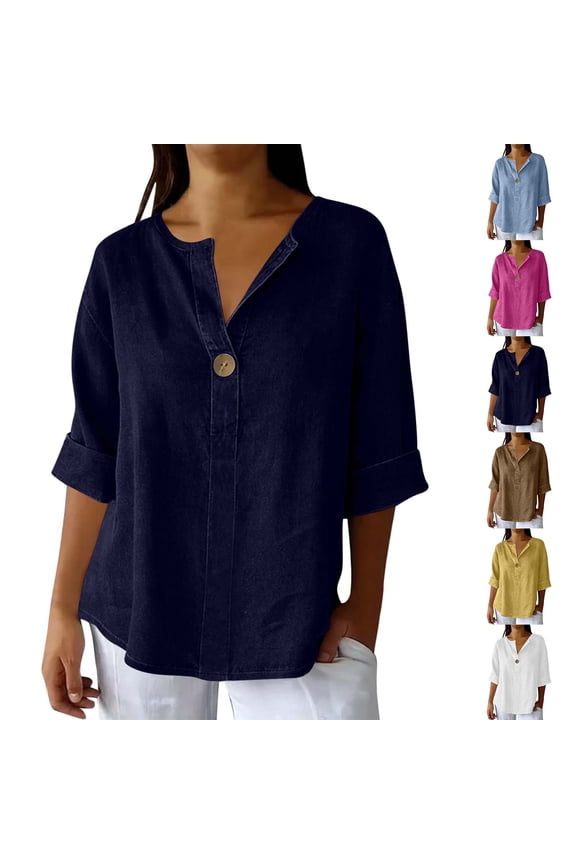 FNFYFH Women's Plus Size 3/4 Sleeve Shirts V Neck Button Shirt Loose Fit Tunic Tops
