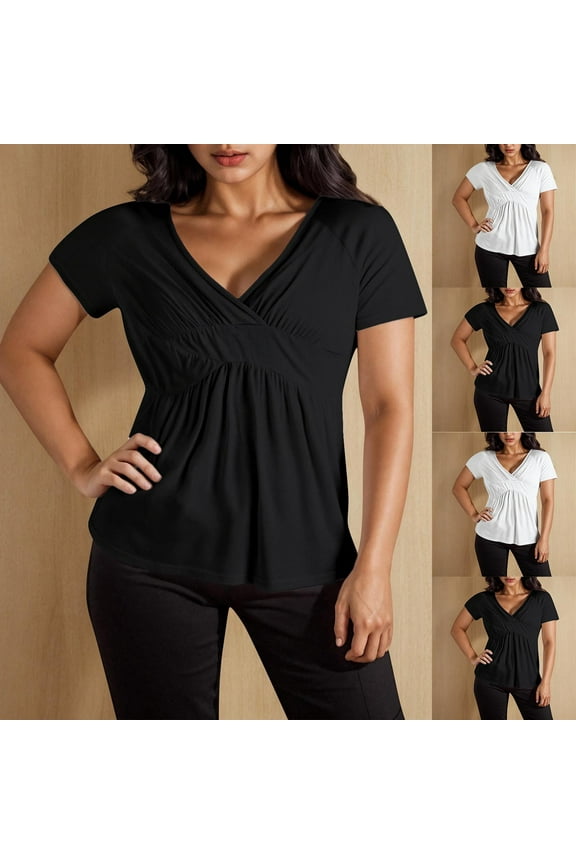 FNFYFH Women's Plus Size Dressy Tops V Neck Low Cut Wrap Shirt Short Sleeve Tunic Blouse Cute Badydoll Tops