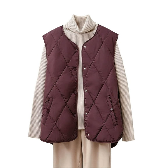 FNFYFH Women's Plus Size Puffer Vest Lightweight Crew Neck Button Dowm Quilted Vest Gilet Sleeveless Cropped Padded Jacket